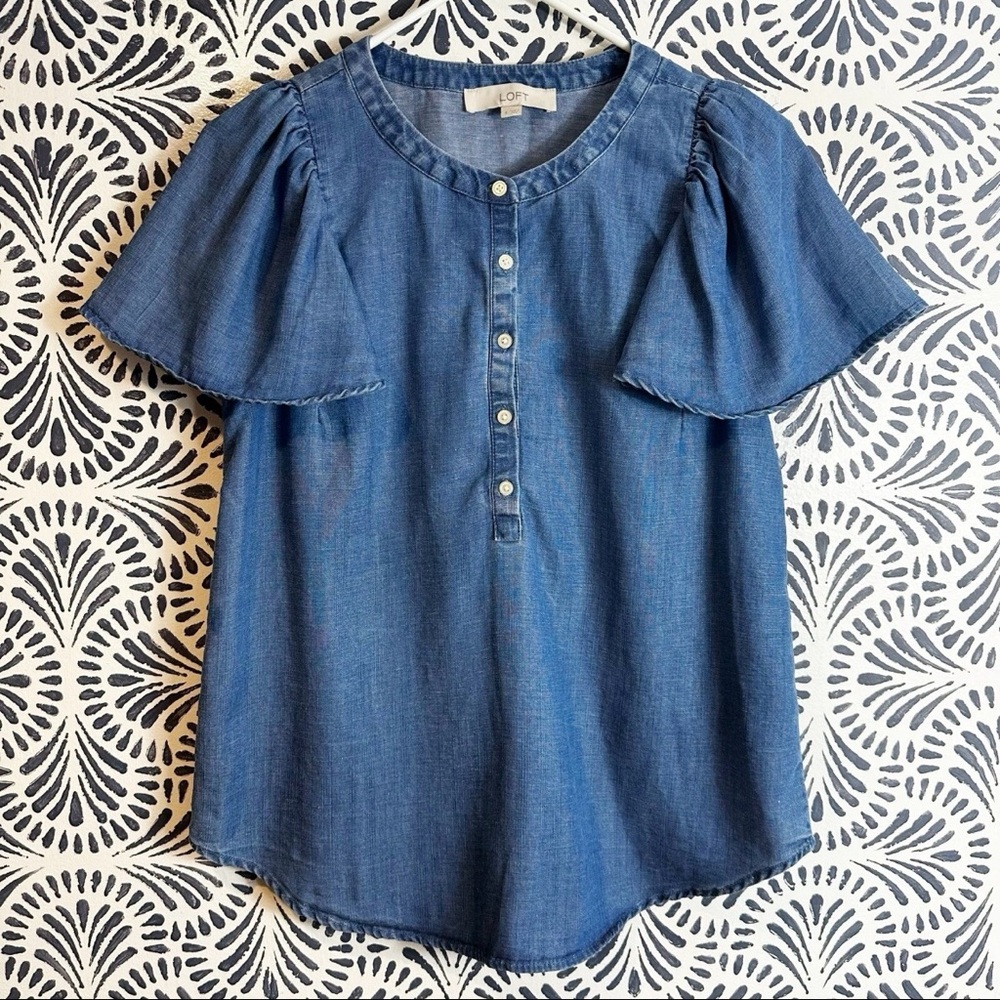 LOFT Chambray Lyocell Linen Blend Flutter Sleeve Blouse - Picture 2 of 10